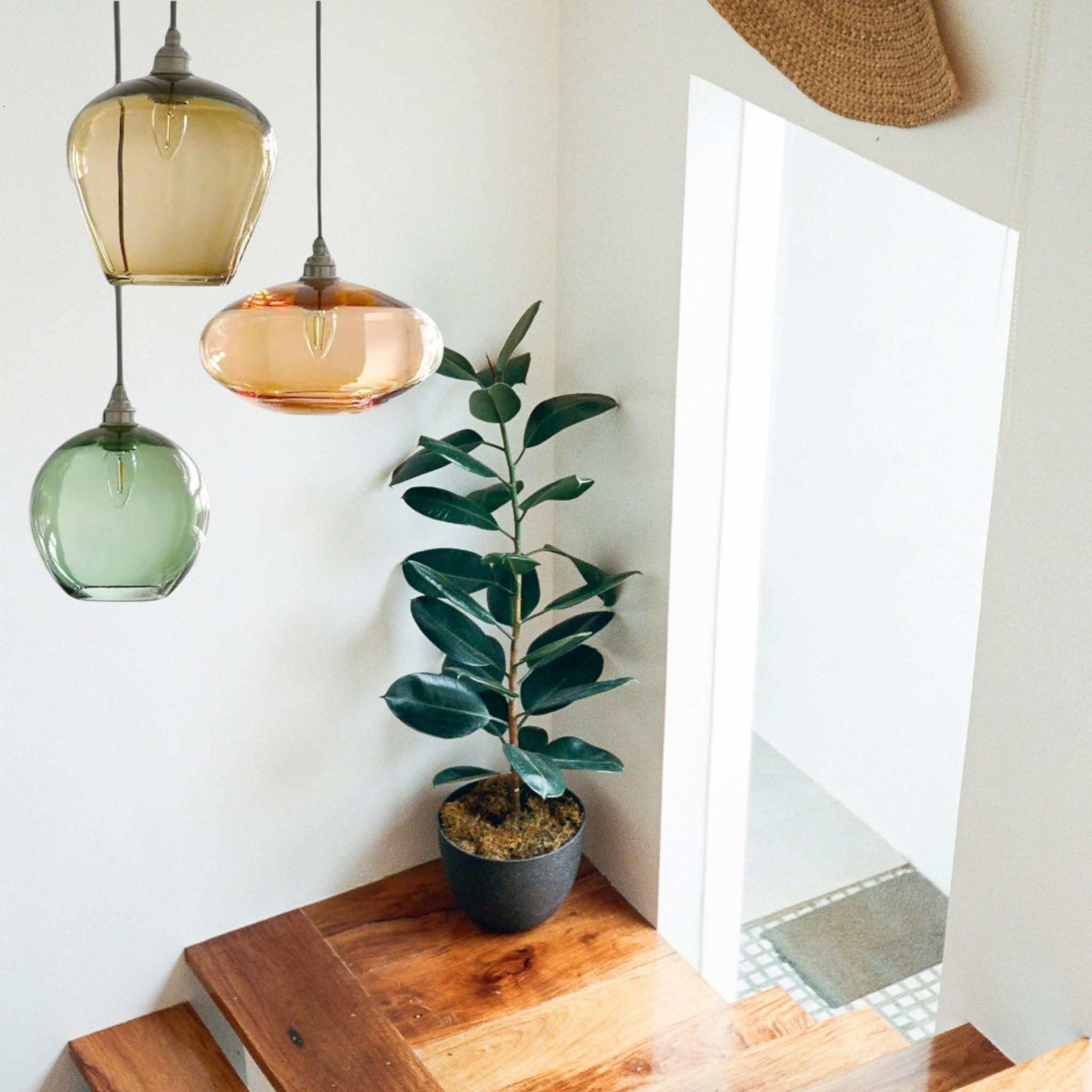 Trio of Handblown Glass Pendant Lights – Amber, Rose & Green Hanging Lamps – Modern Art Glass Ceiling Lighting for Kitchen or Entryway