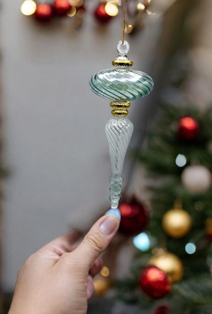 Elegant green Glass Ornaments for Christmas - Large Festive Decor - Hand Blown Baubles for Xmas Tree - Artisan Crafted Holiday Accent