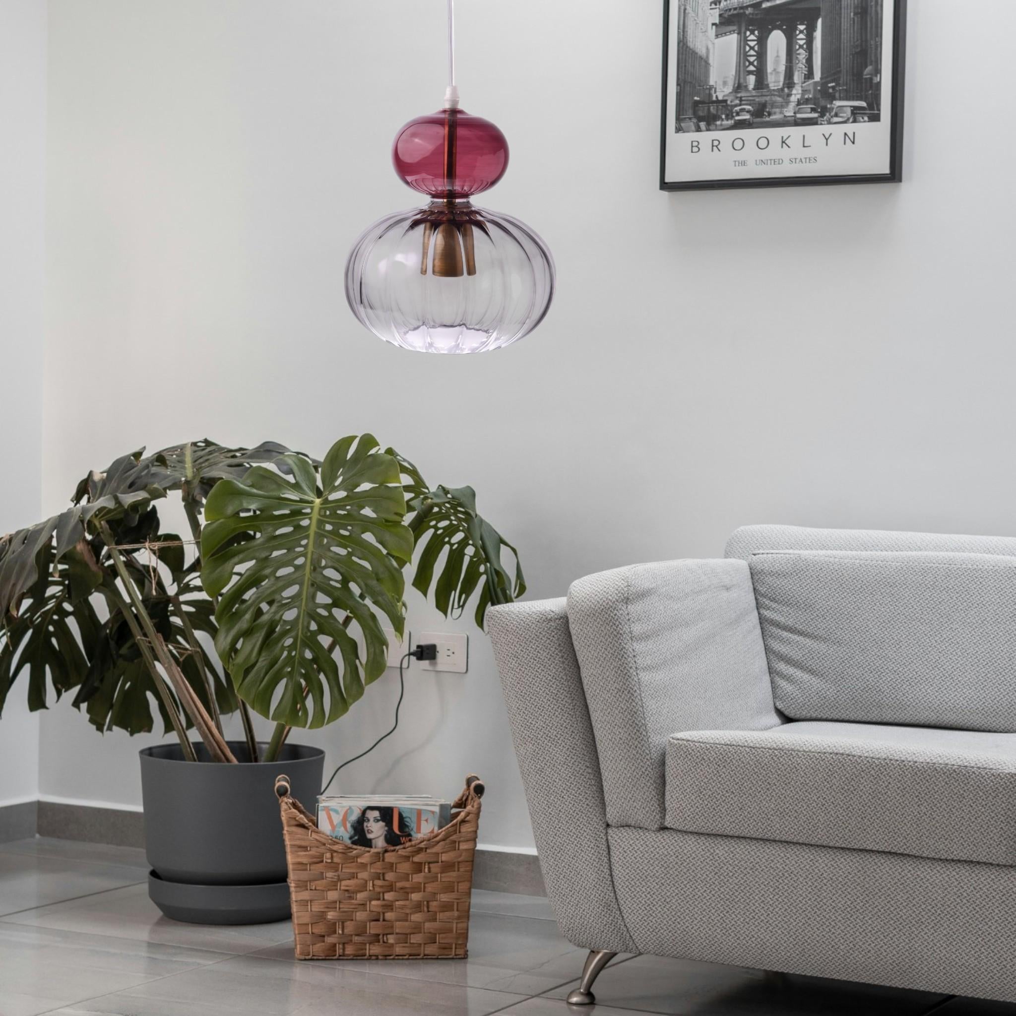 Modern Double Glass Pendant Light – Handblown Violet & Clear Ceiling Lamp – Sculptural Lighting for Dining Room, Kitchen or Studio