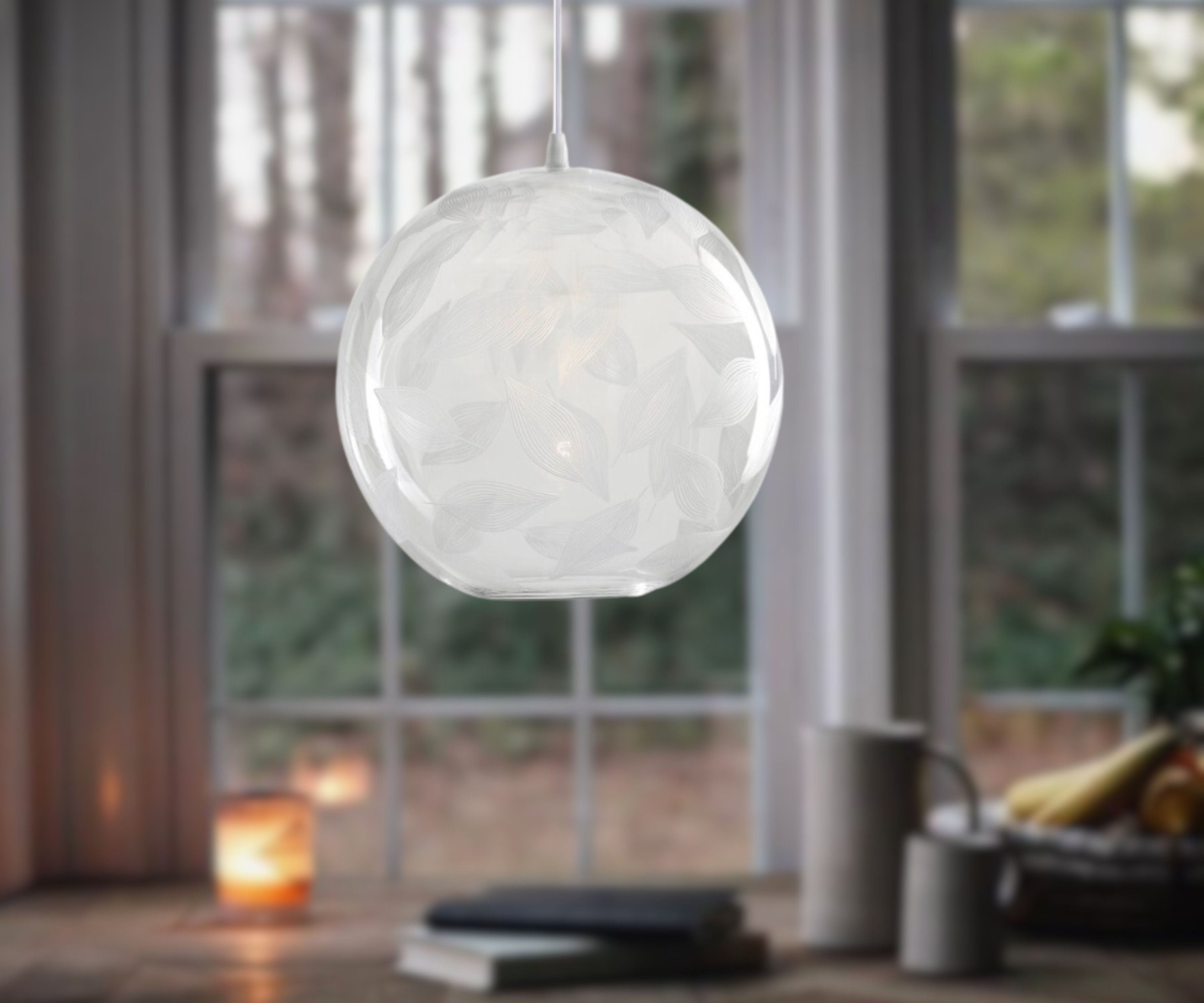 Artisan Handblown Glass Pendant Light – Providence Chandelier Lamp for Kitchen Decor– Custom Engraved Pendant Lamp – Modern Ceiling Light