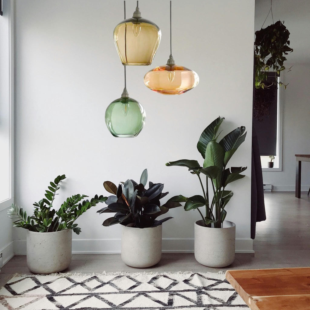 Trio of Handblown Glass Pendant Lights – Amber, Rose & Green Hanging Lamps – Modern Art Glass Ceiling Lighting for Kitchen or Entryway